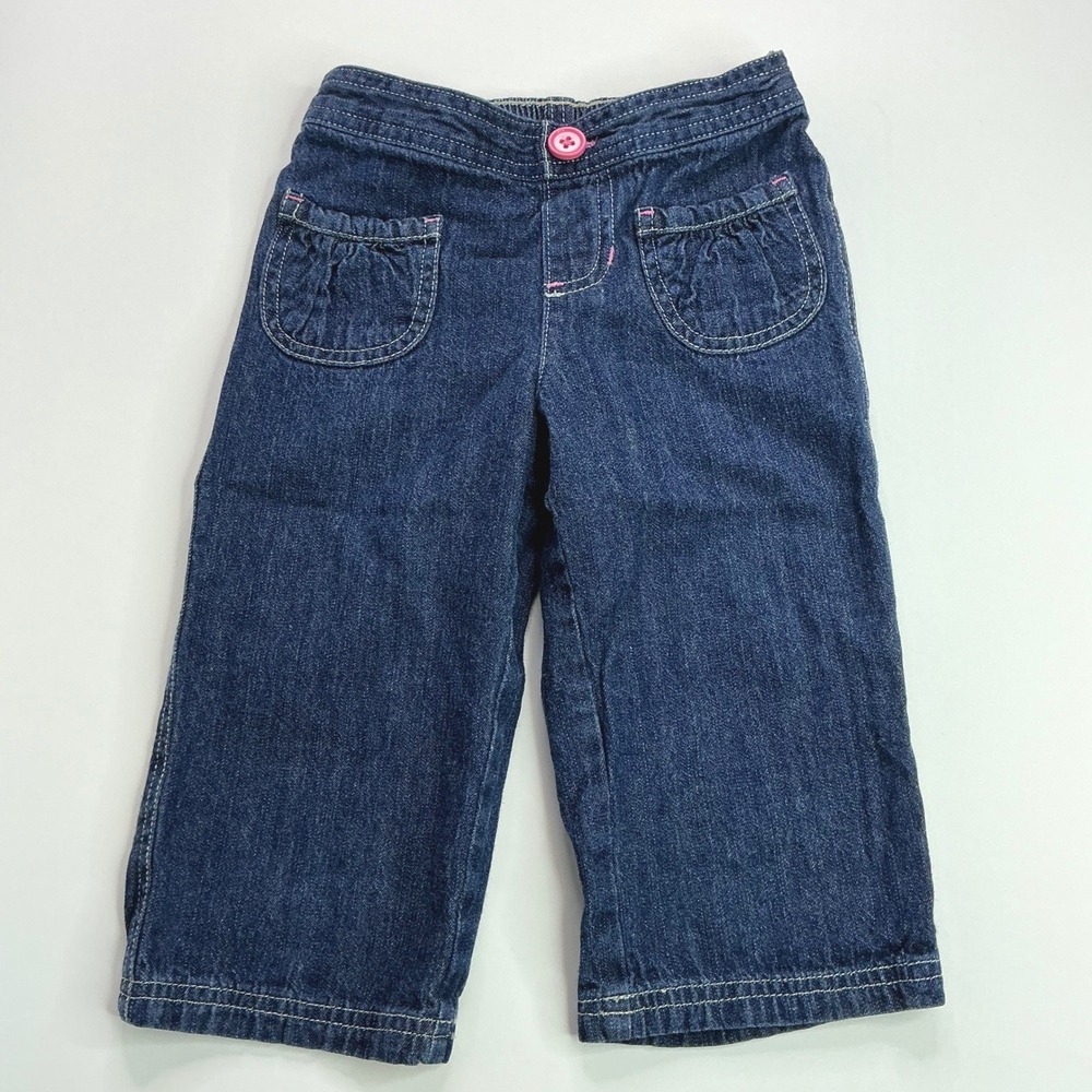 Faded Glory Blue Denim Capri Pants Kids Size 5 Ruffle Pocket Pink Button